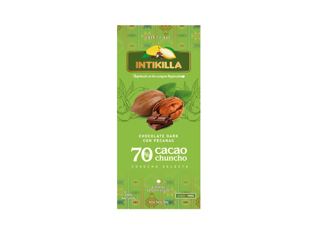 CHOCOLATES DARK 70% CACAO CHUNCHO CON PECANAS 50G.